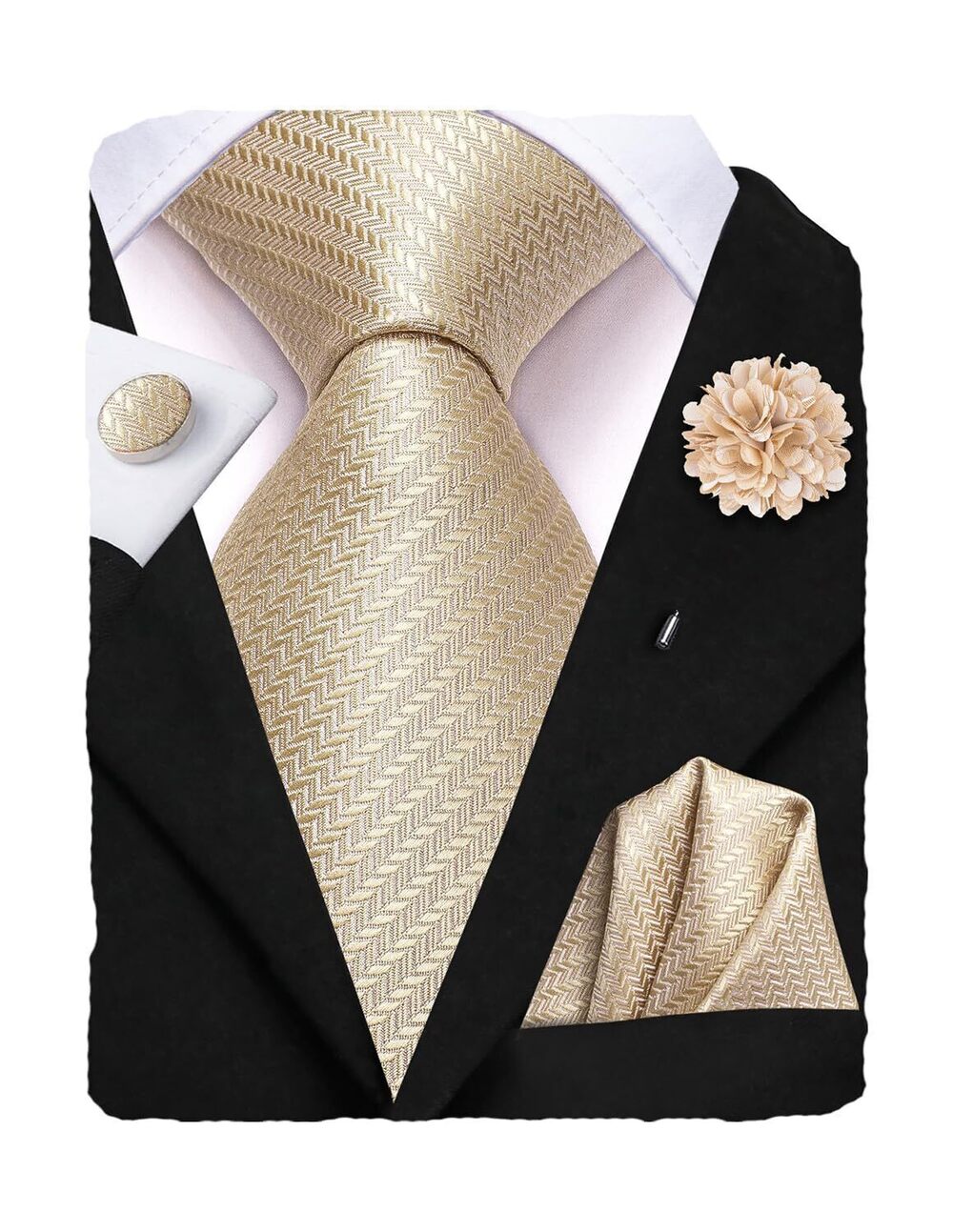 2004 Champagne Stripe Tie Set Woven Silk Ties Handkerchief Cufflinks Lapel